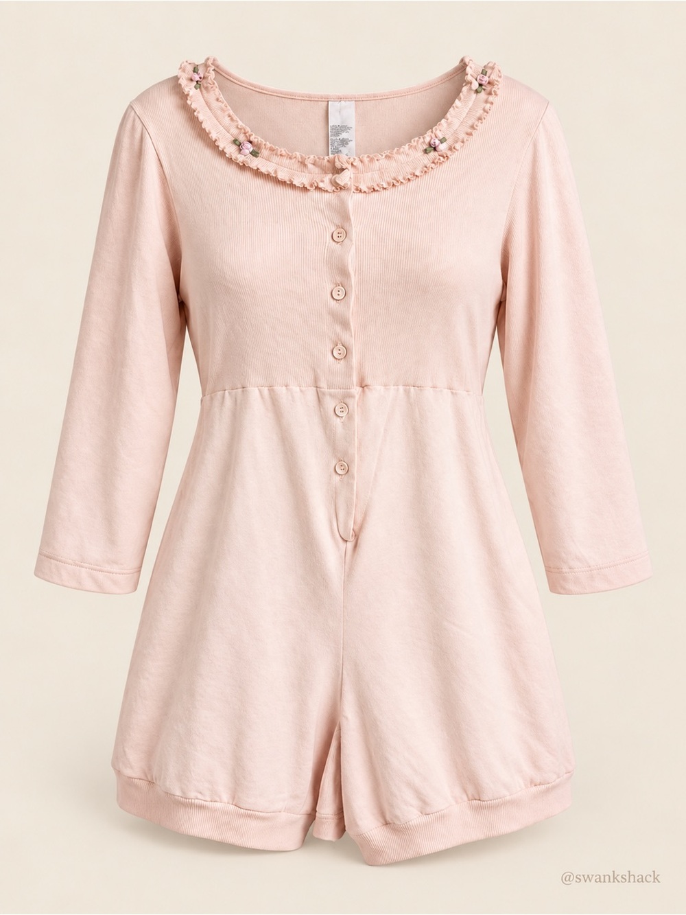 Blush Pink Rosette Ruffle Henley Pajama Romper Coquette Size M